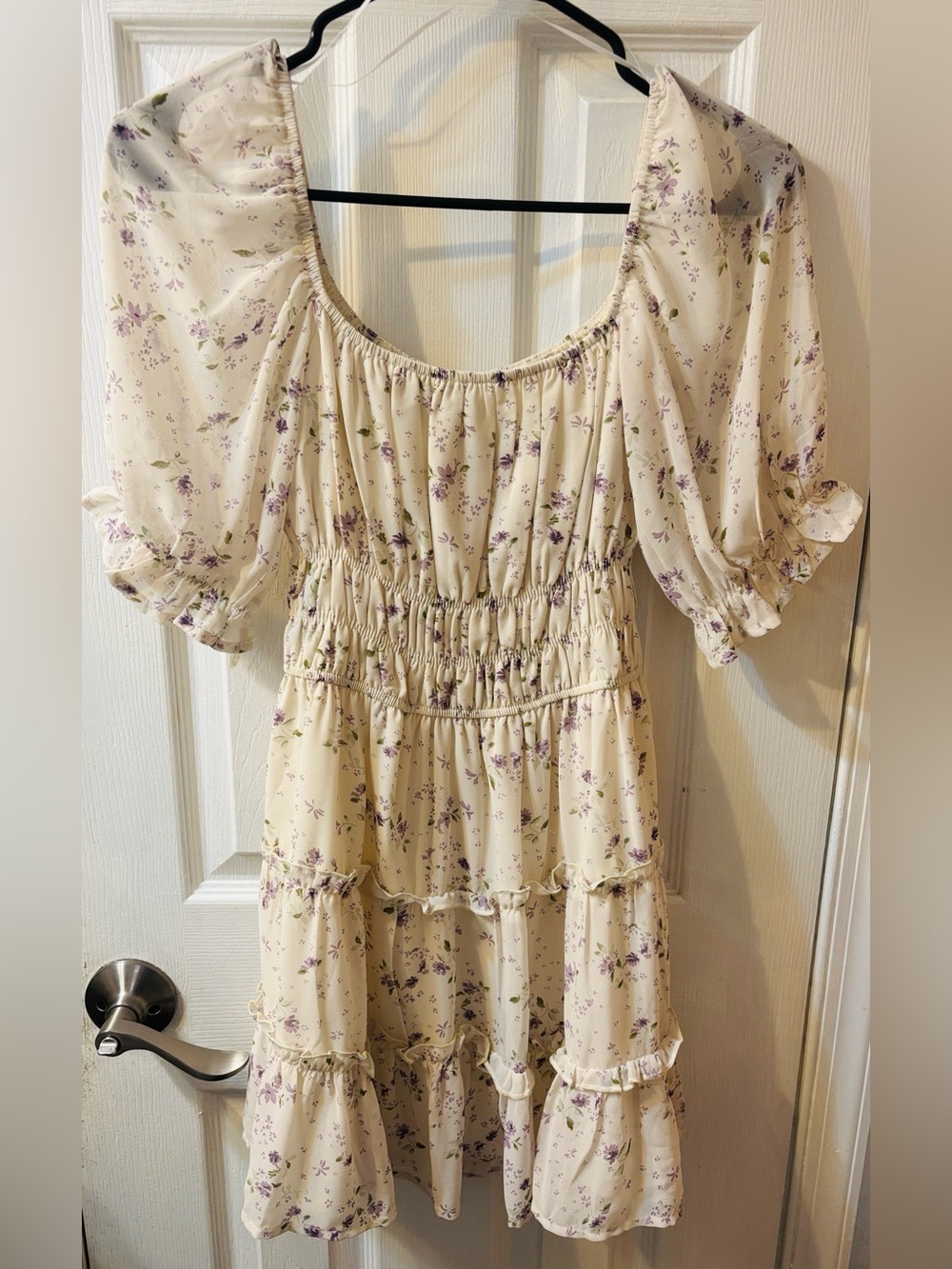 Floral Smocked Tiered Mini Dress — Cream with Lavender Floral